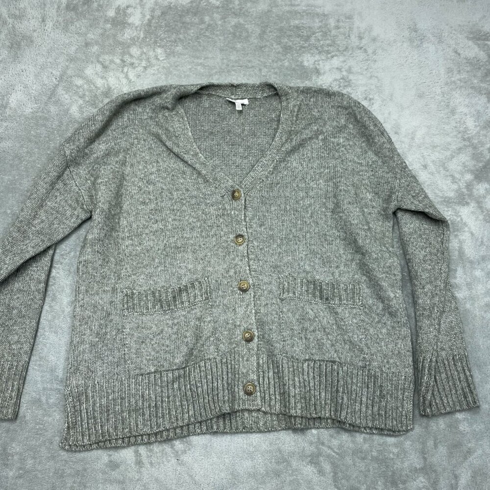 Ella Moss Gray Button Cardigan Sweater M Ribbed Hem Pockets a1288